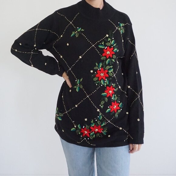 Vintage BP Design Black Poinsettia Sequin Holiday Sweater Grandmacore Boho M - Picture 1 of 9